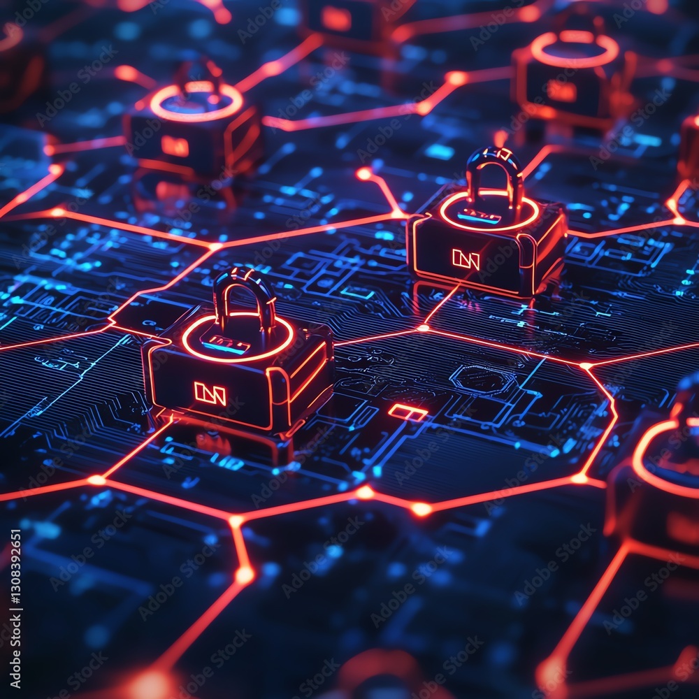 Poster Cybersecurity concept with interconnected nodes, glowing encryption keys, and secure digital data flow, hightech neon color scheme, futuristic aesthetic