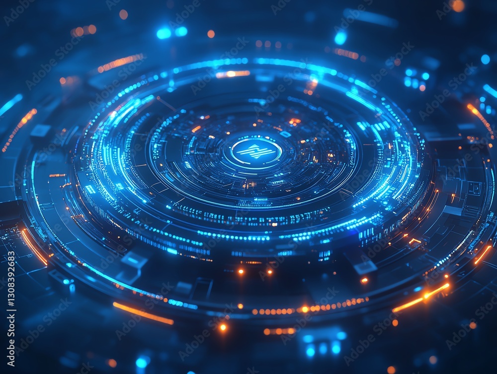 Poster Cybersecurity network with glowing blue data flow, secure communication nodes, and digital protection shields, futuristic tech design with glowing accents