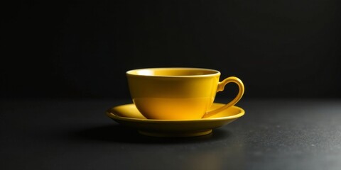 A single, vibrant yellow teacup rests elegantly on its matching saucer, a minimalist scene against a deep black backdrop, suggesting quiet contemplation and simple pleasures.