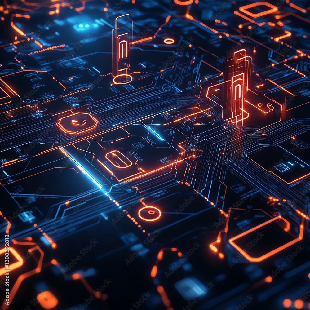 Poster Data security technology concept with encrypted data streams, glowing locks, and advanced digital networks, futuristic design with cyber defense elements