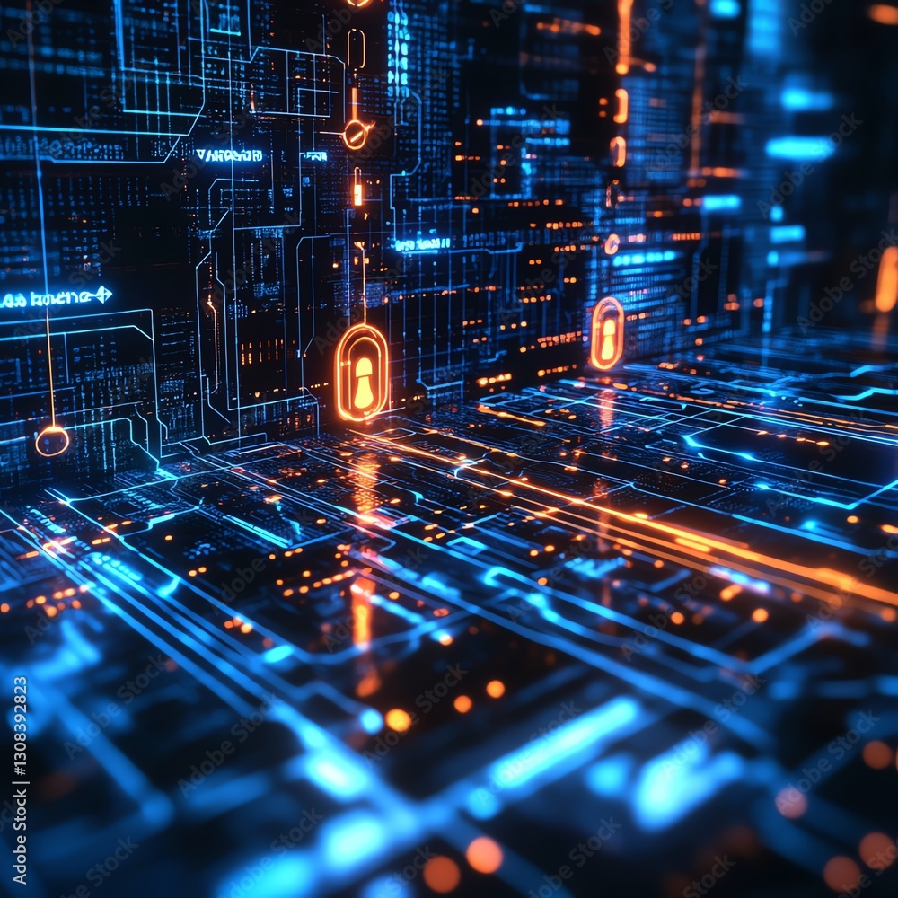 Poster Data security technology concept with encrypted data streams, glowing locks, and advanced digital networks, futuristic design with cyber defense elements