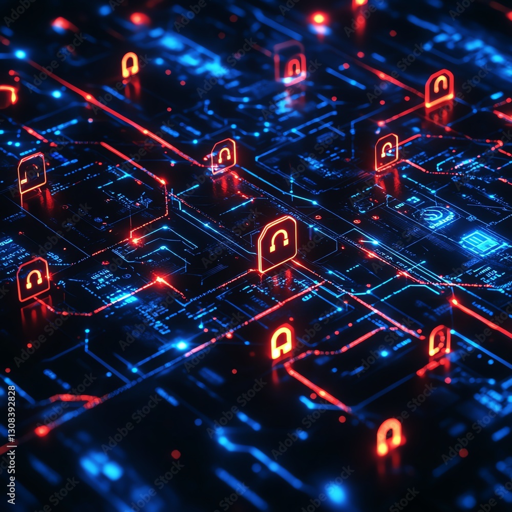Leinwandbilder data security technology concept with encrypted data streams, glowing locks, and advanced digital ne