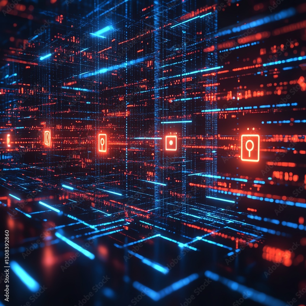 Poster Data security technology concept with encrypted data streams, glowing locks, and advanced digital networks, futuristic design with cyber defense elements