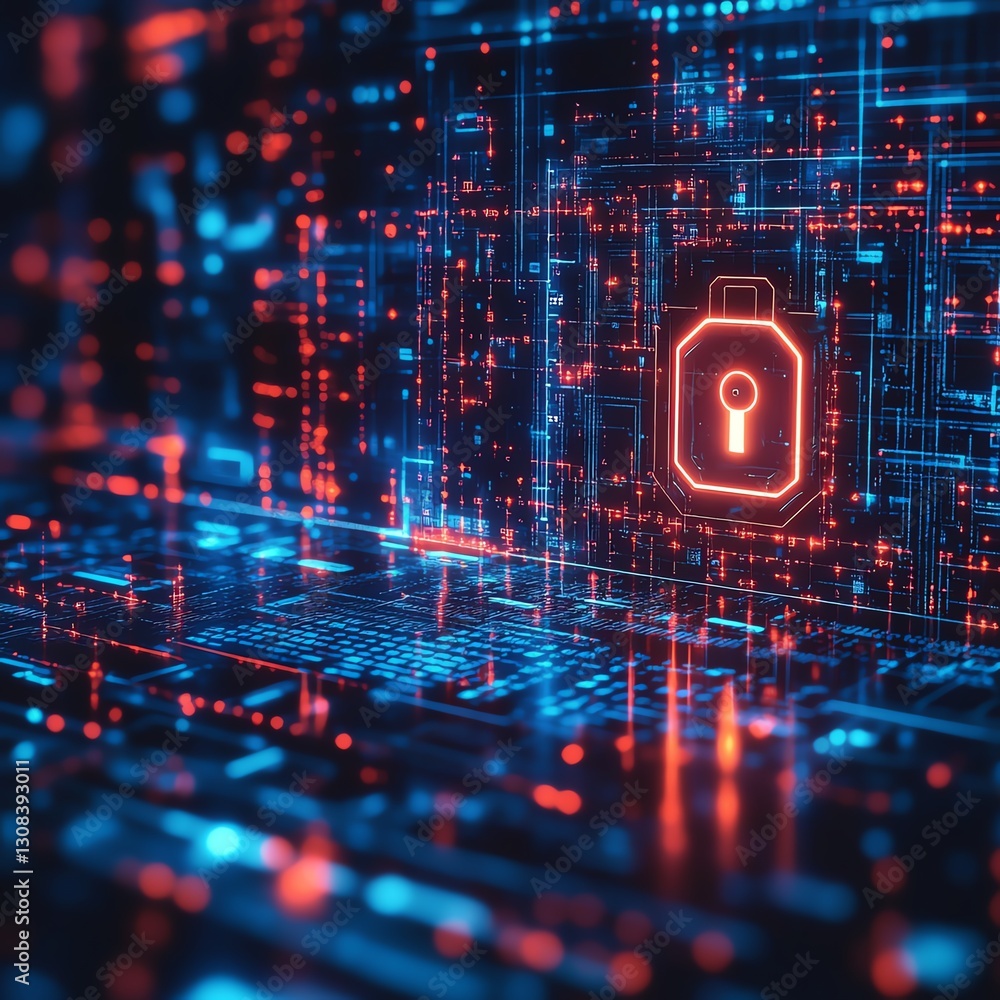 Poster Digital IT security concept featuring encrypted data streams, futuristic security locks, and digital firewalls, in a hightech neon environment