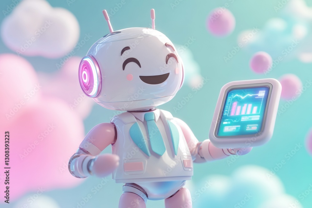 Poster a cheerful robot in a suit holds a tablet displaying a graph, set against a pastel background.