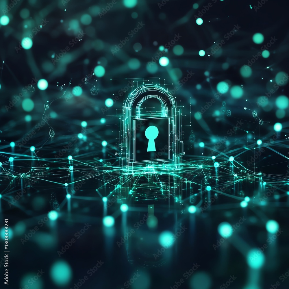 Poster Futuristic IT security concept with a glowing digital lock, secure data connections, and complex network grids, neon blue and green tones, modern tech look