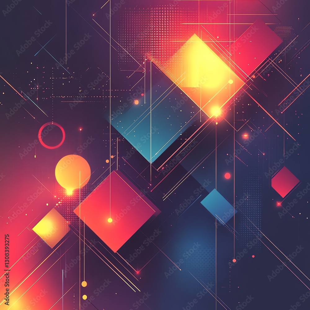 Poster dynamic abstract geometric background with 3d cubes, circles, and lines, glowing in bright neon colo