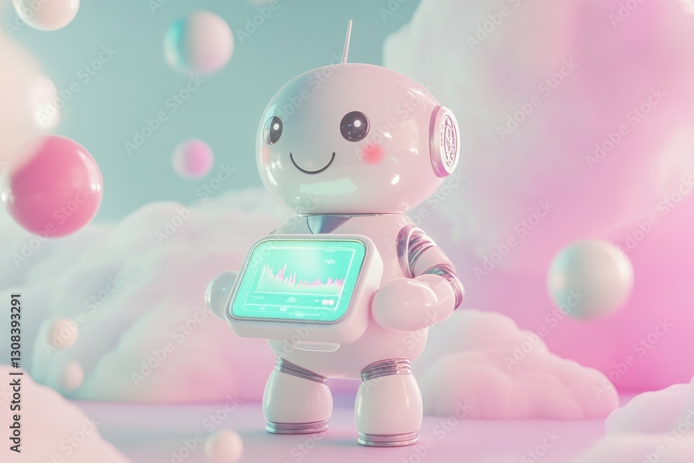 Poster adorable robot displaying data graphs in a pastel dreamscape.