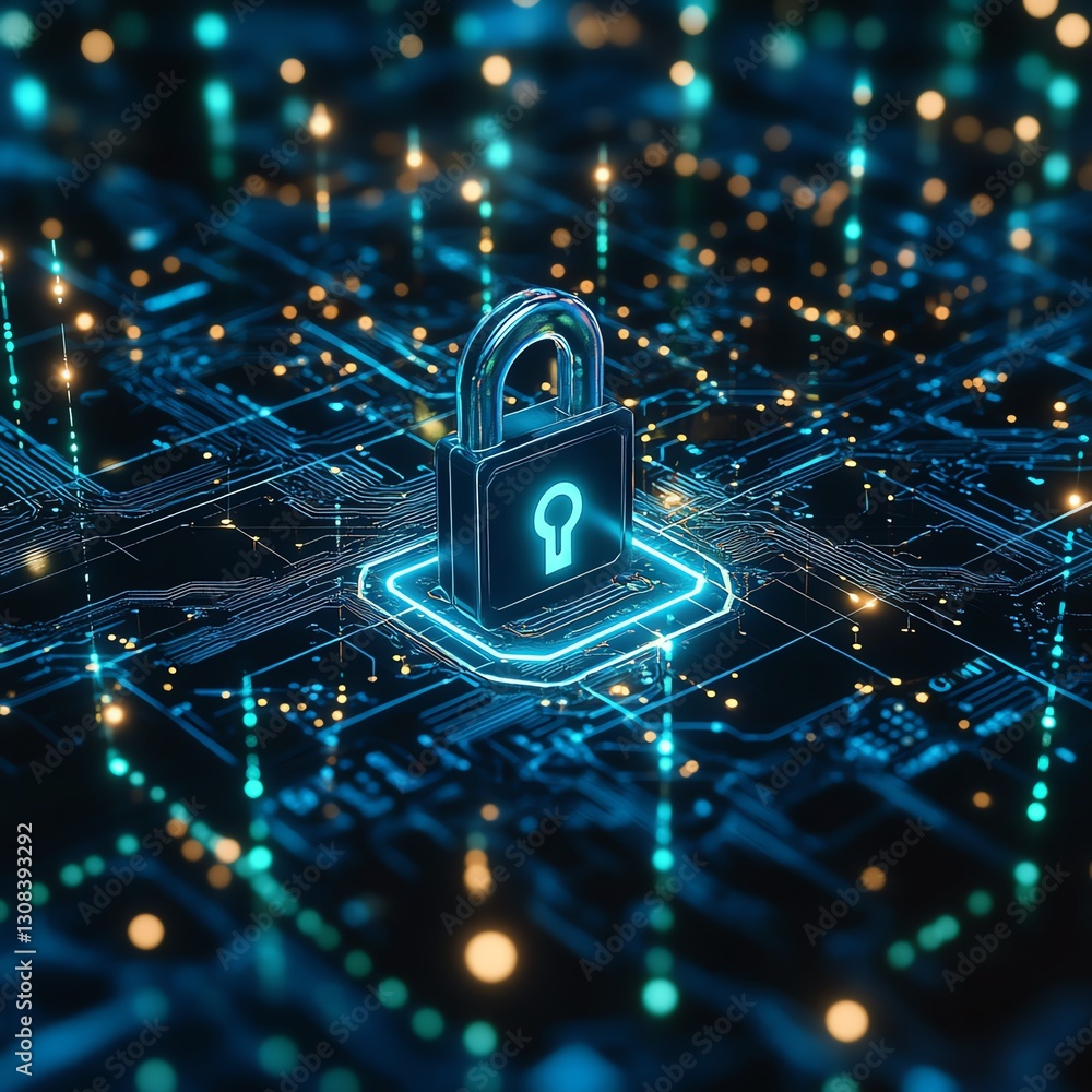 Poster Futuristic IT security concept with a glowing digital lock, secure data connections, and complex network grids, neon blue and green tones, modern tech look