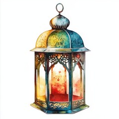 Ornate Watercolor Lantern with Glowing Light