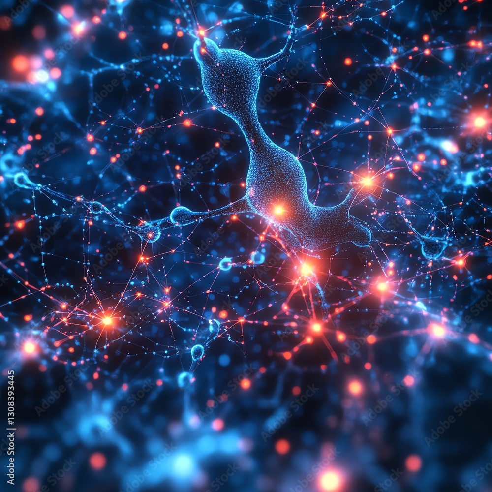 Aufkleber Futuristic neural connections concept with glowing neurons, complex web of interlinked brain cells, neon light trails and digital connections