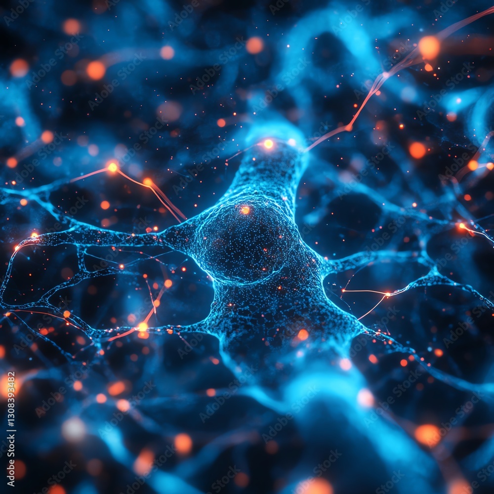 Aufkleber Futuristic neural connections concept with glowing neurons, complex web of interlinked brain cells, neon light trails and digital connections