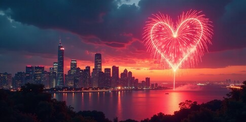 Fototapeta premium Heart-shaped fireworks burst over city skyline at sunset , explosions, amazing, design