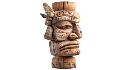 A wooden statue of a man with a feather on his head