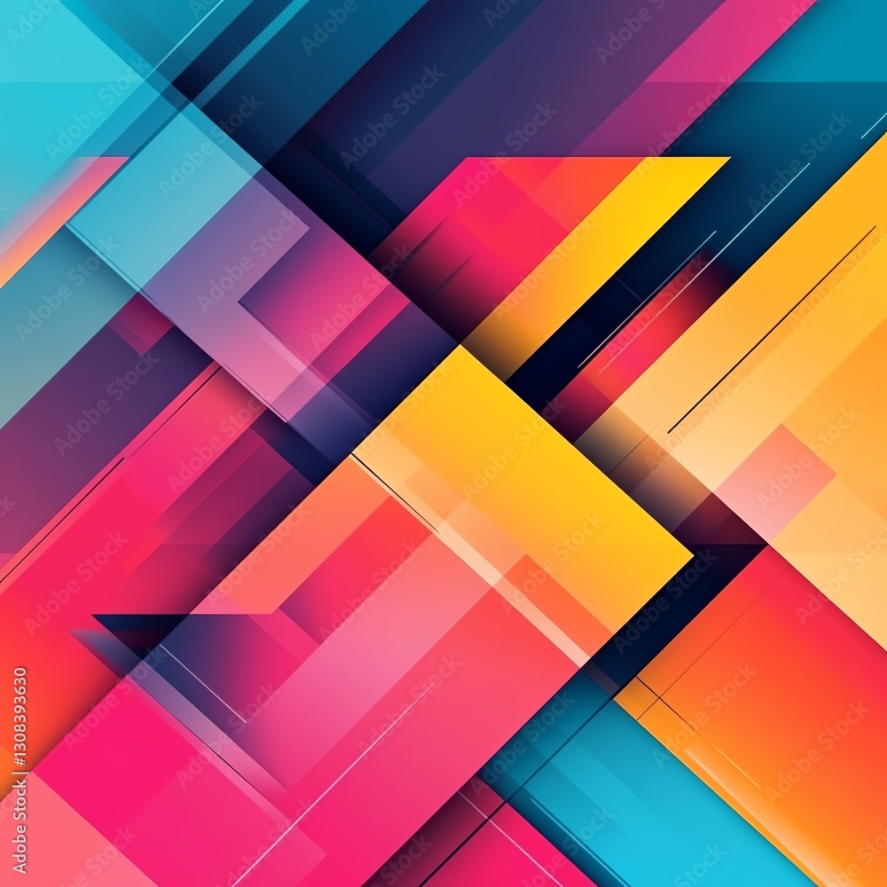 Poster Geometric abstract background with intersecting lines, angular shapes, and a gradient of bold colors, creating a sharp, energetic composition