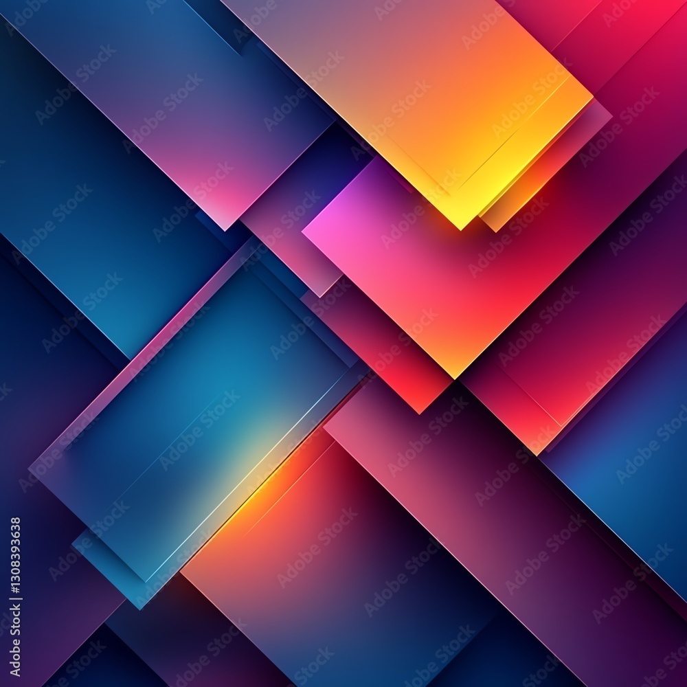 Poster Geometric abstract background with vibrant colors and interlocking shapes, neon gradients blending into sharp edges, creating a modern and energetic visual