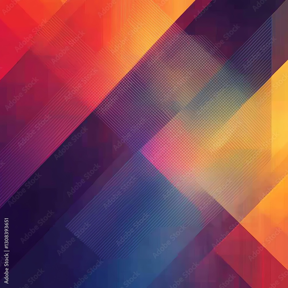 Poster Geometric abstract background with intersecting lines, angular shapes, and a gradient of bold colors, creating a sharp, energetic composition