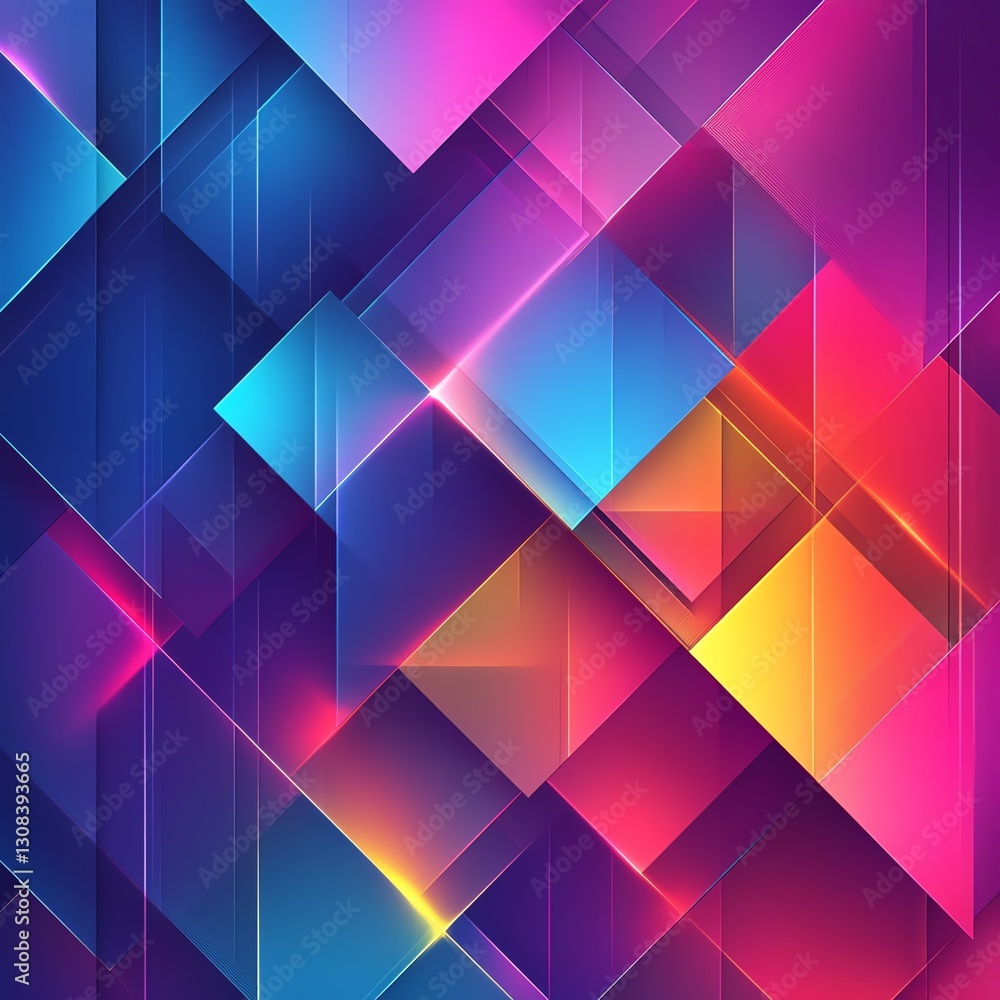 Poster Geometric abstract background with vibrant colors and interlocking shapes, neon gradients blending into sharp edges, creating a modern and energetic visual