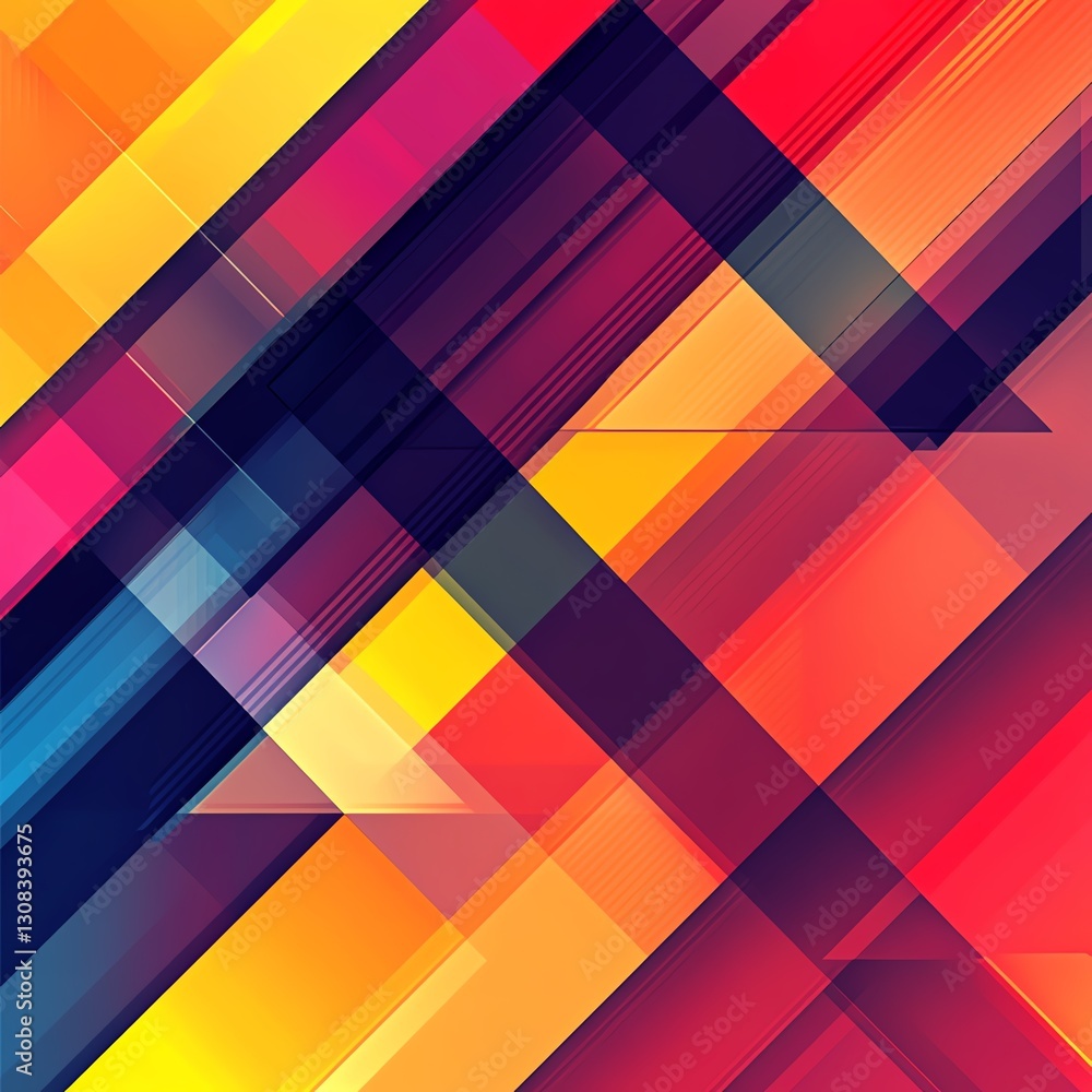 Poster Geometric abstract background with intersecting lines, angular shapes, and a gradient of bold colors, creating a sharp, energetic composition