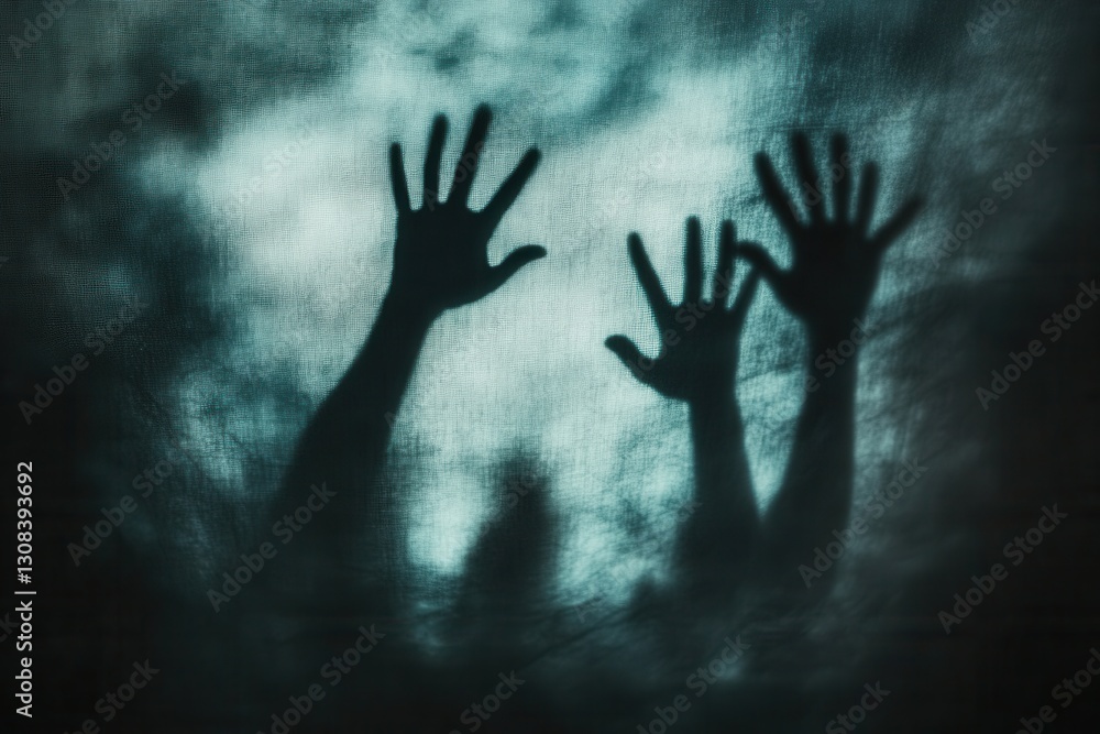 Poster Mysterious silhouettes of hands reaching out, conveying fear through dark tones and blurred shadows in an abstract environment Generative AI