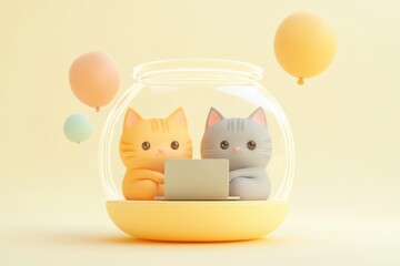 Fototapeta premium Two adorable cartoon cats inside a glass dome using a laptop, surrounded by pastel balloons.