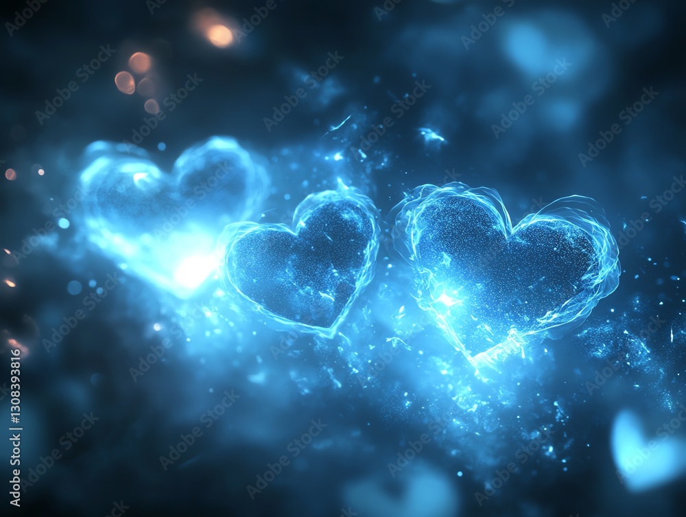 Poster glowing blue hearts floating against a dark background, soft neon glow emanating from each heart, cr