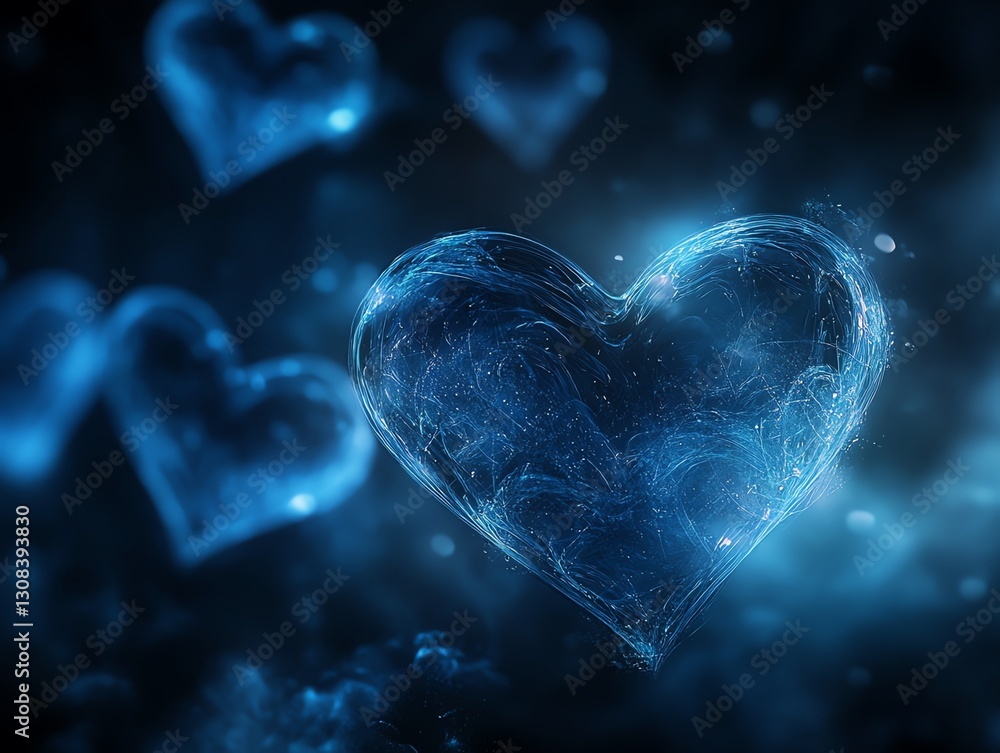 Poster glowing blue hearts floating against a dark background, soft neon glow emanating from each heart, cr