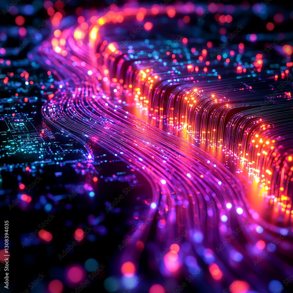 Poster glowing optical fiber cables arranged in an intricate network, pulsating with vibrant colors in a da