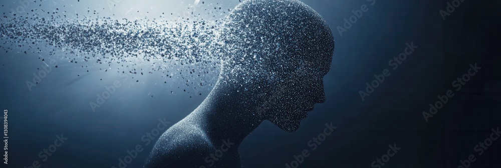 Poster digital particles form a human silhouette in a high tech landscape representing ai driven politics g
