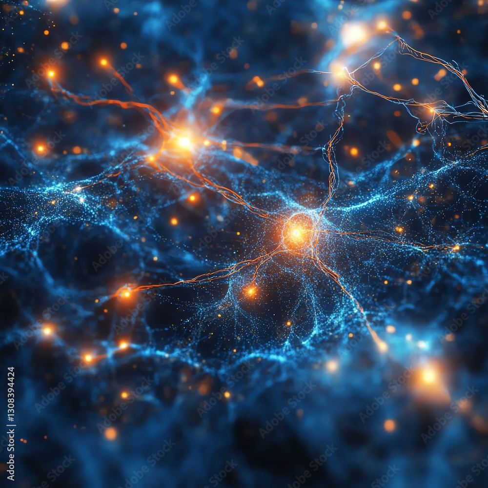Poster neural pathways concept with glowing connections, intricate web of electric light trails, abstract v