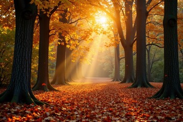 Fototapeta premium Amber light filters through forest canopy amidst fallen leaves, fall, autumn, light