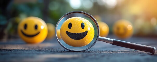 Magnifying glass zooming in on a smiley emoticon among a range of feedback symbols, symbolizing customer satisfaction surveys and insights for service enhancement