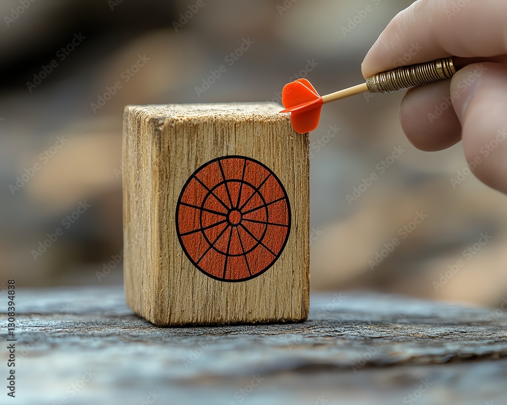 Aufkleber teamwork and strategic planning concept, person aiming at wooden block with red dartboard icon to re