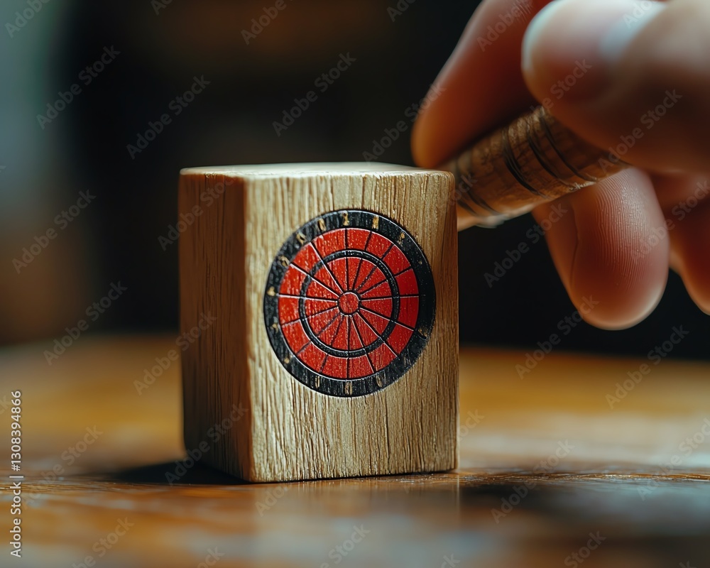 Aufkleber teamwork and strategic planning concept, person aiming at wooden block with red dartboard icon to re