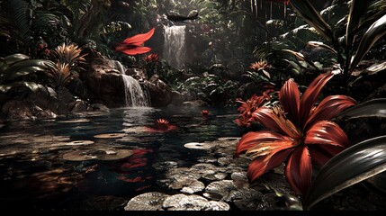 Dark Moody Jungle Waterfall Landscape with Red Flowers