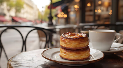 Delicious Kouign Amann Pastry Served on a Table at a Classic Parisian Café