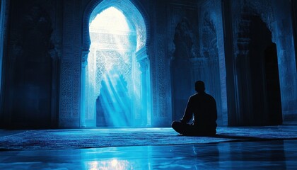 Silhouette of a Man Meditating in a Blue Lit Ancient Temple
