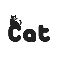 "CAT" text with black cat vector on top, isolated on white background.