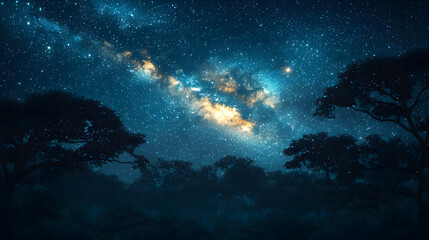 Obraz premium This image depicts a beautiful, starry night sky over a dark forest with a galaxy visible.
