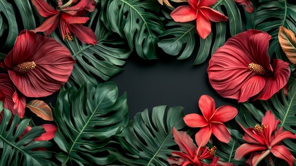 Dark Red Tropical Flowers and Lush Green Leaves Frame on Black Background
