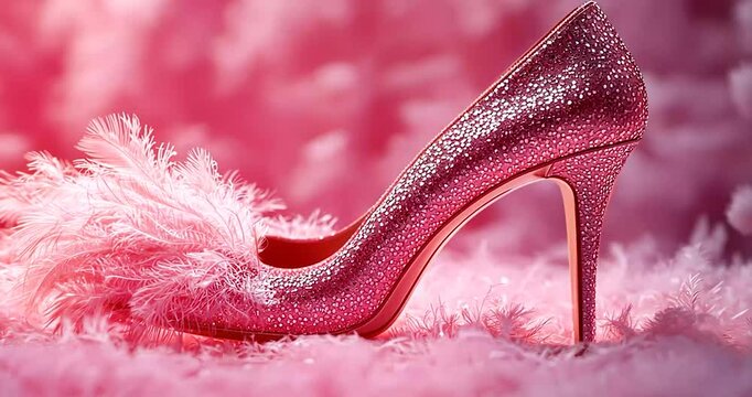 Pink sparkly high heel shoe with feathers, soft lighting, elegant background