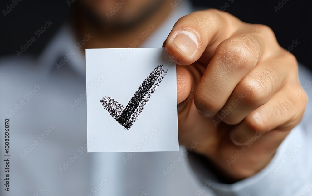 Poster business professional reviewing a document with a checkmark, showcasing quality assurance, complianc