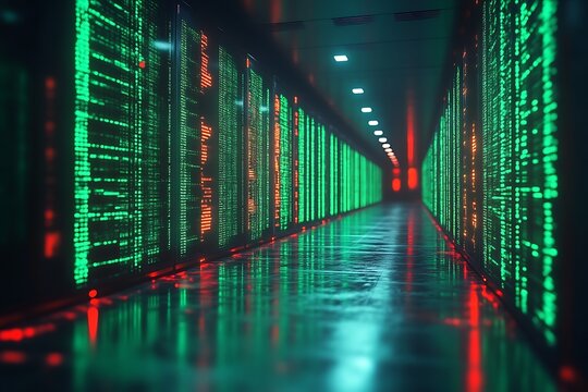 Server room glows with digital data flow
