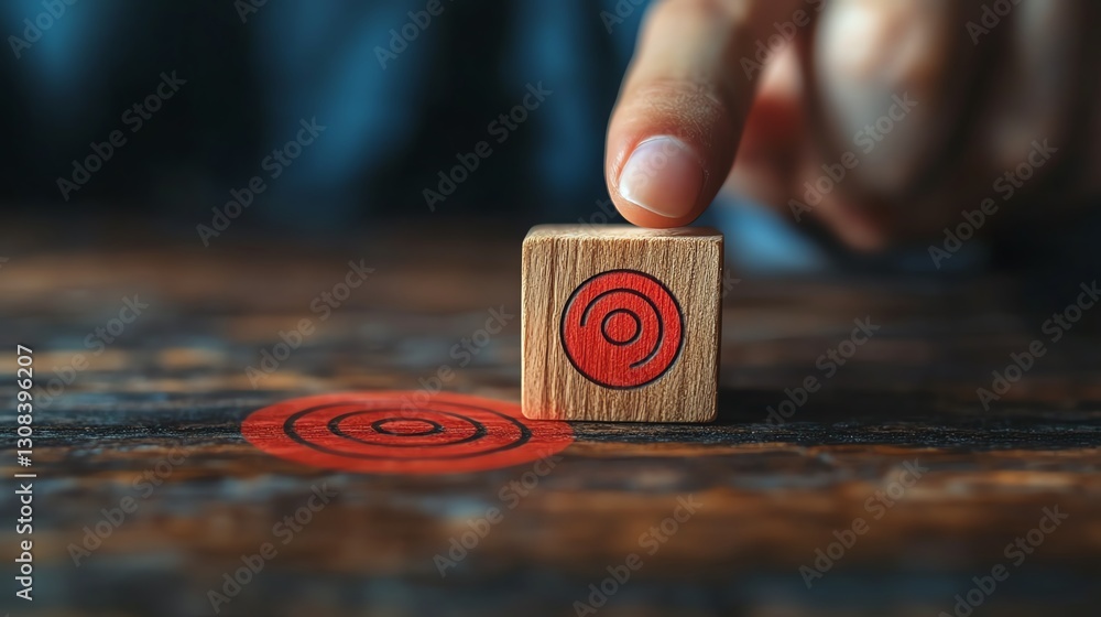 Poster Businessperson pointing at a wooden block with a red dartboard icon symbolizing business target goals, illustrating teamwork, strategic planning, and growth
