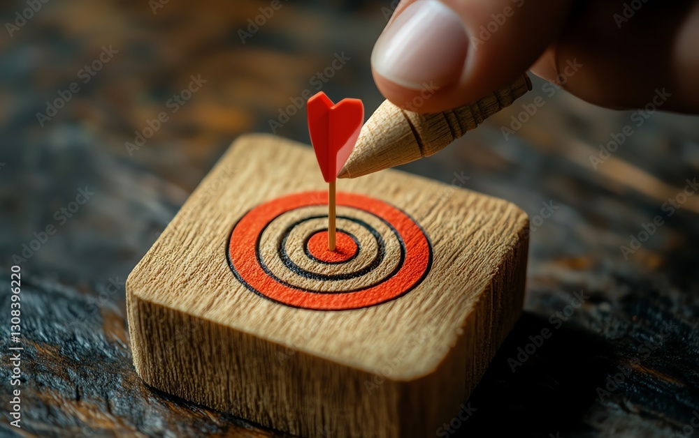 Poster businessperson pointing at a wooden block with a red dartboard icon symbolizing business target goal