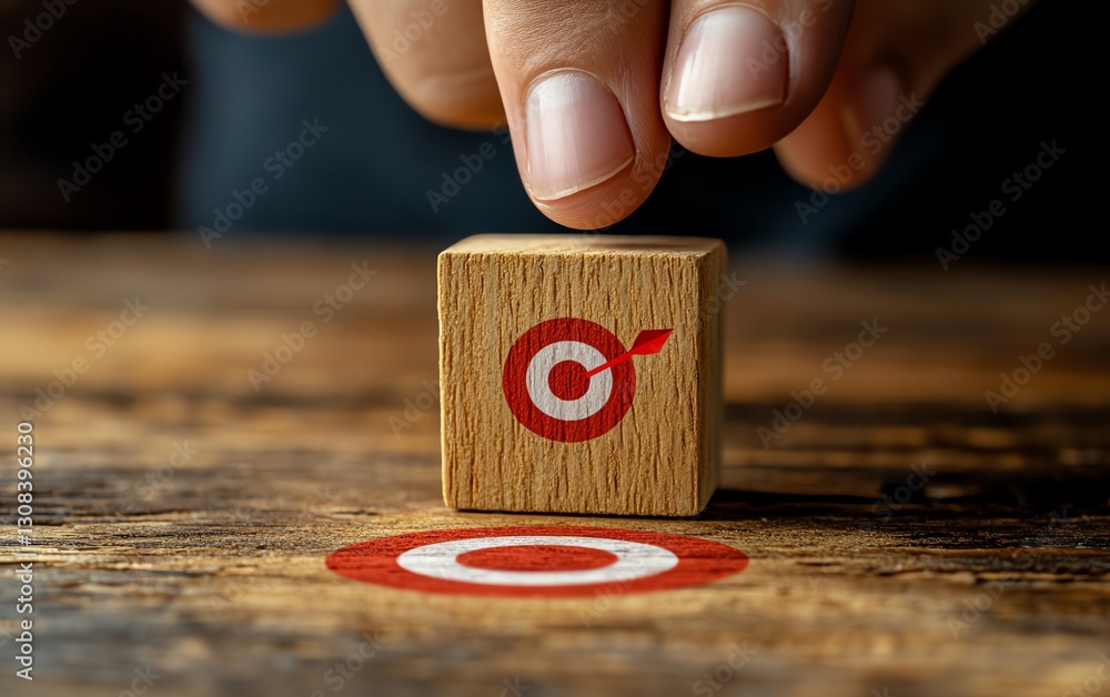 Poster Businessperson pointing at a wooden block with a red dartboard icon symbolizing business target goals, illustrating teamwork, strategic planning, and growth