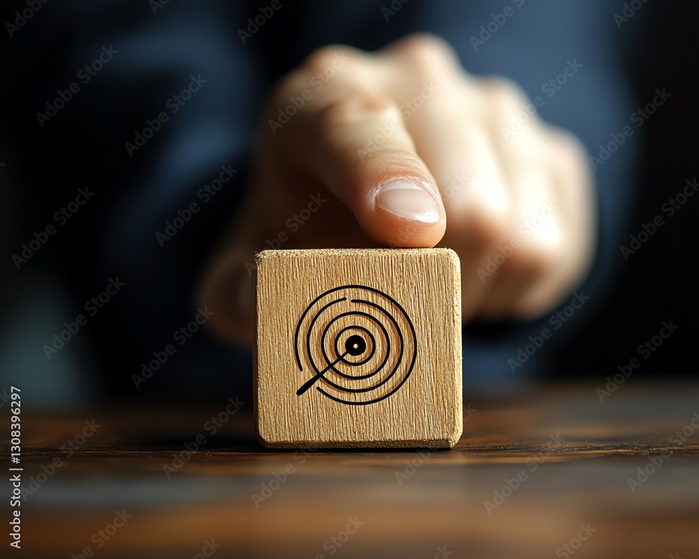 Aufkleber businessperson pointing at a wooden block with a red dartboard icon symbolizing business target goal