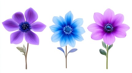 Fototapeta premium Three Vibrant Flowers - Beautiful blue and purple flowers, symbolizing serenity, growth, elegance, beauty, and nature. Perfect for floral designs and spring themes