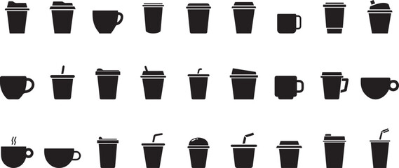 A collection of various cup and drink container icons, including coffee cups, take-out cups, and cups with lids and straws. The designs feature minimalistic, black silhouettes of containers typically 