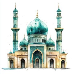 Teal and Beige Mosque Watercolor Painting